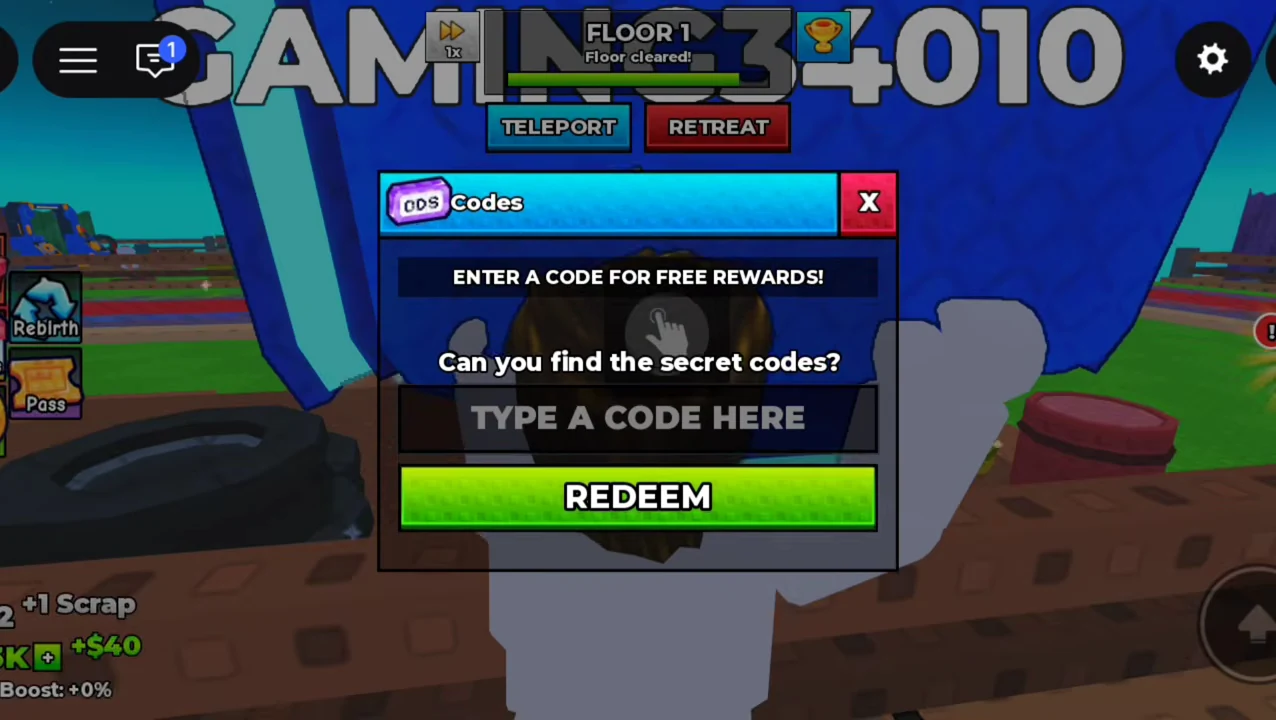 Steel Fighters Codes panel showing the Type a Code Here field and green Redeem button.