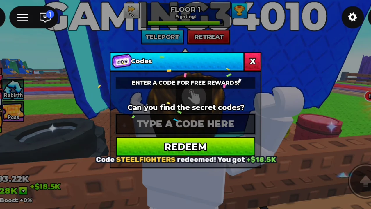 Steel Fighters success message: Code STEELFIGHTERS redeemed! You got +$18.5K.
