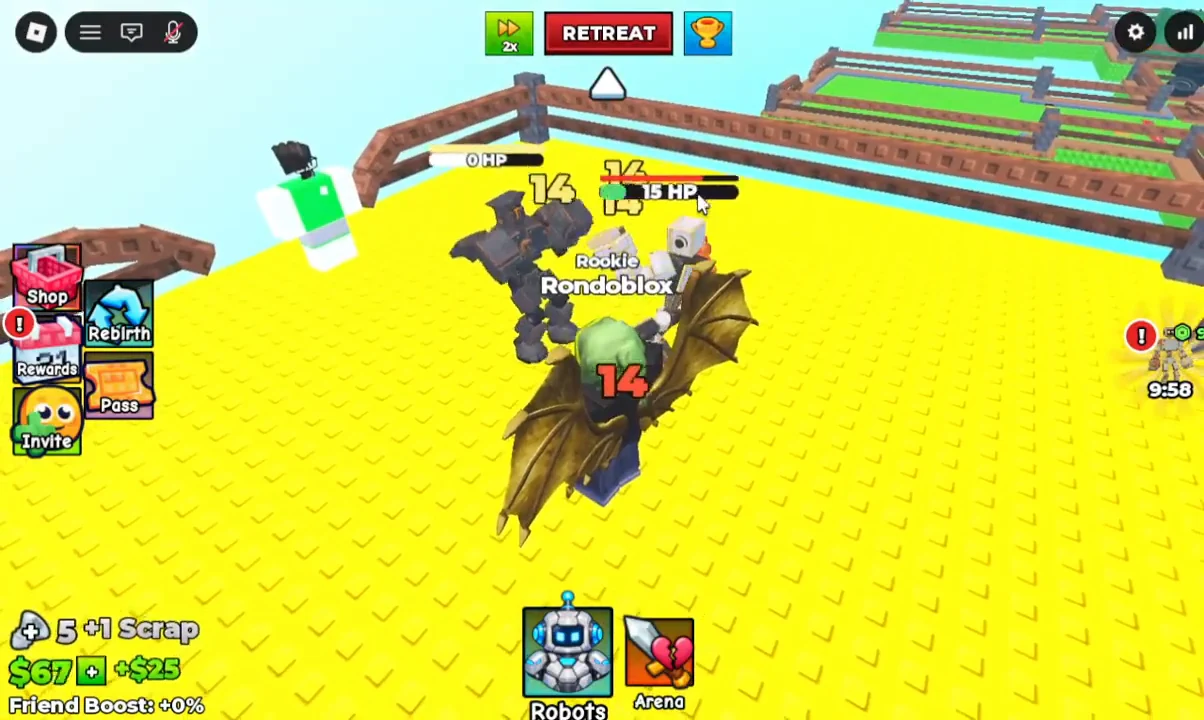 Two robots fighting on an arena floor with HP labels and the Retreat control visible.