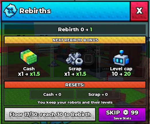 Steel Fighters Rebirths panel: Rebirth 0 to 1, Cash x1 to x1.5, Scrap x1 to x1.5, level cap 10 to 20, Cash and Scrap reset to 0, reach floor 30 to rebirth.
