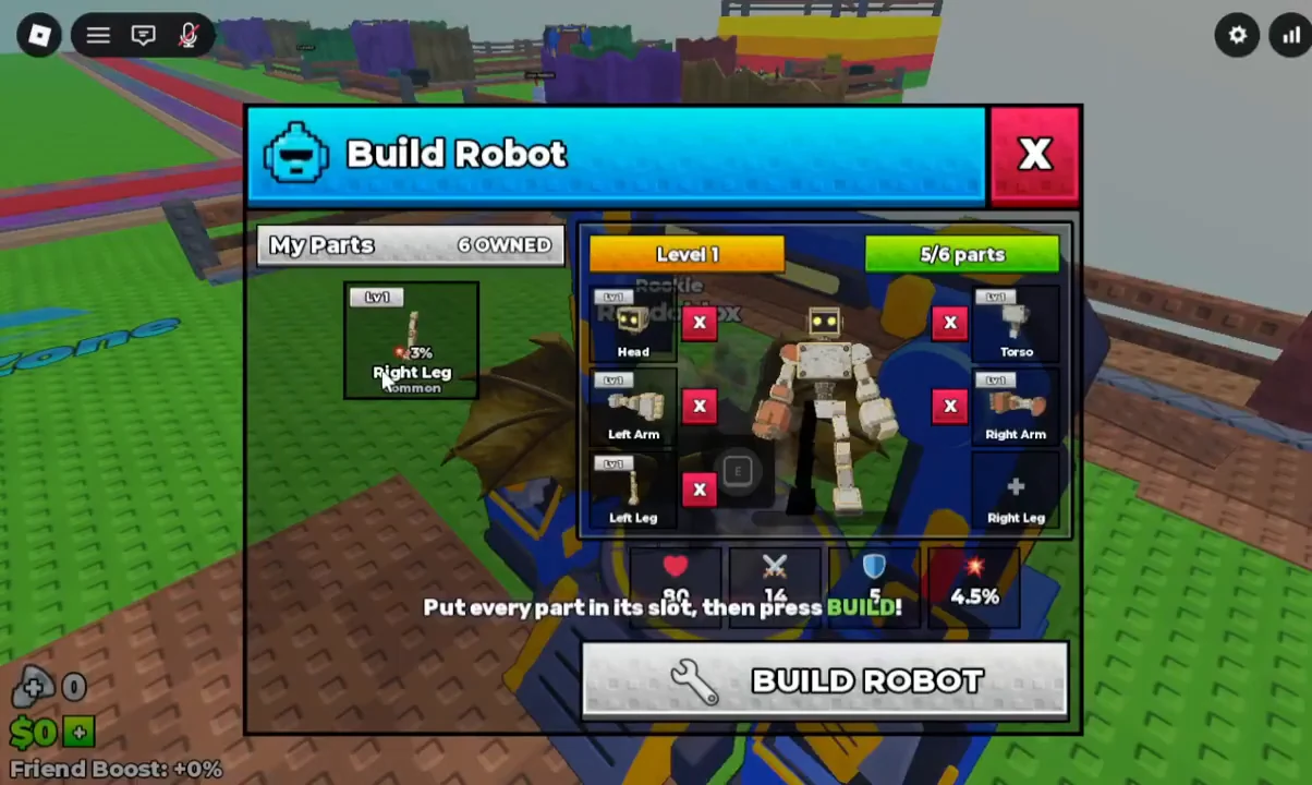 Build Robot panel with head, torso, arm and leg slots; five of six parts are selected.